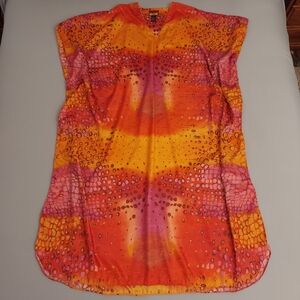 Mystique Aura Kaftan OSFM Bright Orange Pink & Yellow Abstract Print Maxi Caftan